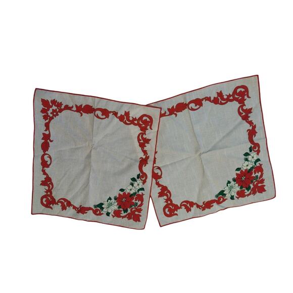 Vintage Set Of 2 Napkins Poinsetta Christmas Square White Red Green 17" - Picture 1 of 3